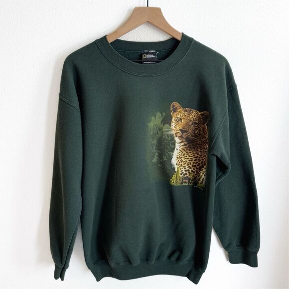 Vtg National Geographic Sweatshirt Mens Medium Green Leopard 2004 Joe Blow Retro - Picture 1 of 16